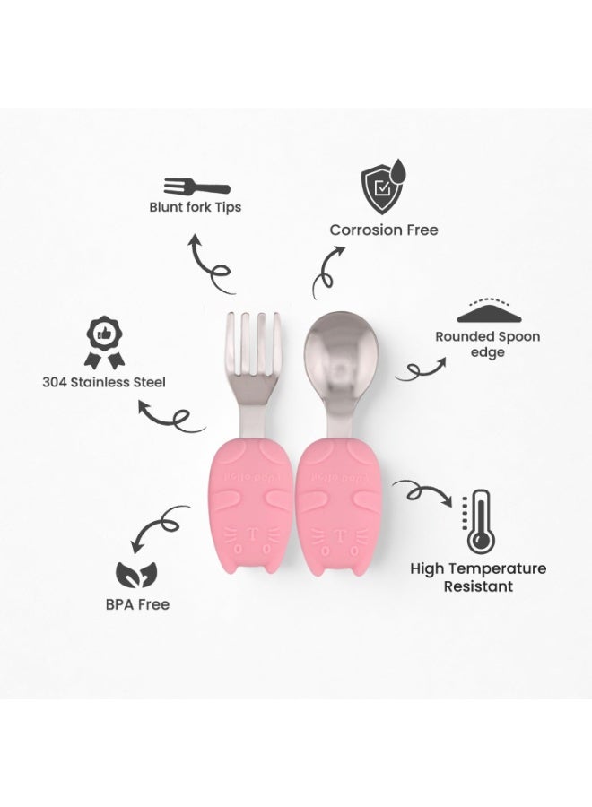 برين جيجلز قهقهات الدماغ مجموعة أدوات مائدة للأطفال الصغار مع حافظة، ملاعق تغذية من الفولاذ المقاوم للصدأ للأطفال الرضع بمقابض من السيليكون - وردي - Image 2
