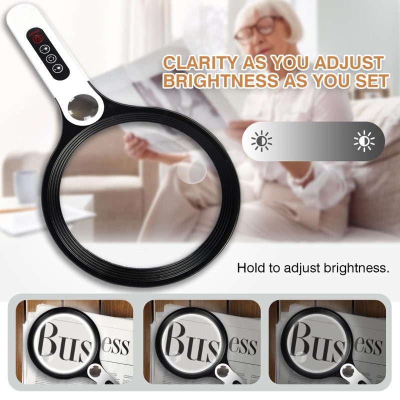 Ebbnivs Large Magnifying Glass with Light, Magnifier Handheld Illuminated Lighted Magnifier with 3 LED Lights 1 UV Light Storage Bag Clean Cloth for Seniors Reading Inspection (Black) - Image 4