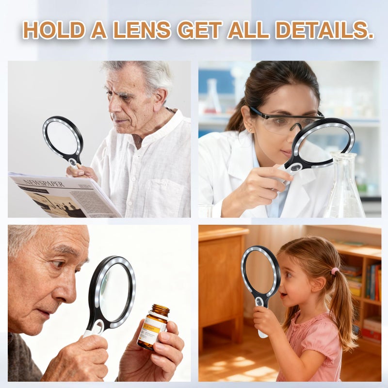 Ebbnivs Large Magnifying Glass with Light, Magnifier Handheld Illuminated Lighted Magnifier with 3 LED Lights 1 UV Light Storage Bag Clean Cloth for Seniors Reading Inspection (Black) - Image 5