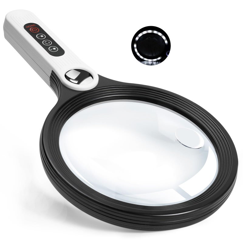 Ebbnivs Large Magnifying Glass with Light, Magnifier Handheld Illuminated Lighted Magnifier with 3 LED Lights 1 UV Light Storage Bag Clean Cloth for Seniors Reading Inspection (Black) - Image 1