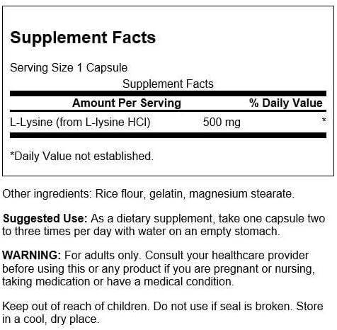 Swanson Amino Acid FreeForm LLysine 500 Milligrams 100 Capsules - Image 2