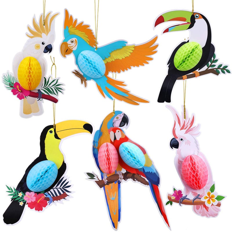HOWAF 6 Pieces Tropical Birds Honeycomb Parrot Hawaiian Summer Beach Tiki Bar Luau Party Hanging Decorations - Image 1