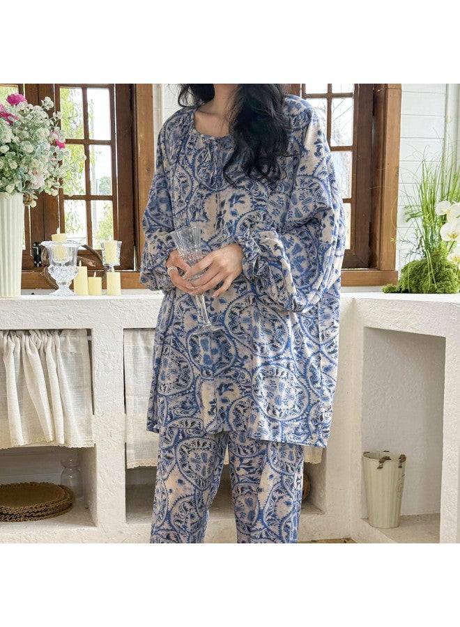 New Style Lace-up Long-sleeved Cotton Silk Pajamas For Women, Spring And Summer National Style Home Wear Set, Can Be Worn Outside, Loose Fit, Plus Size