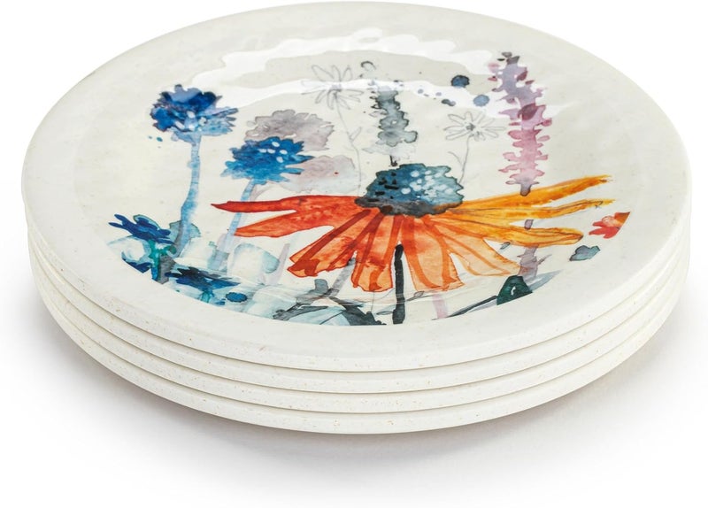 DEMDACO Meadow Flowers Vibrant Trendy Multicolor 65 x 65 Melamine and Bamboo Appetizer Plates Set of 4 - Image 2