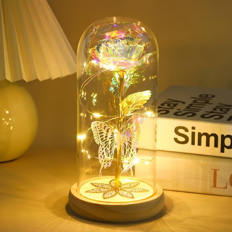 Goodern Colorful Artificial Flower Rose Gift,LED Light Forever Rose Gifts in Glass Dome,Galaxy Rose Crystal Flower for Women,Wife,Valentines Day,Mothers Day,Birthday,Wedding Party Decoration-White - Image 1