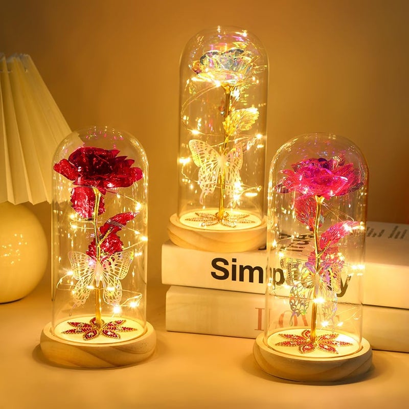 Goodern Colorful Artificial Flower Rose Gift,LED Light Forever Rose Gifts in Glass Dome,Galaxy Rose Crystal Flower for Women,Wife,Valentines Day,Mothers Day,Birthday,Wedding Party Decoration-White - Image 4
