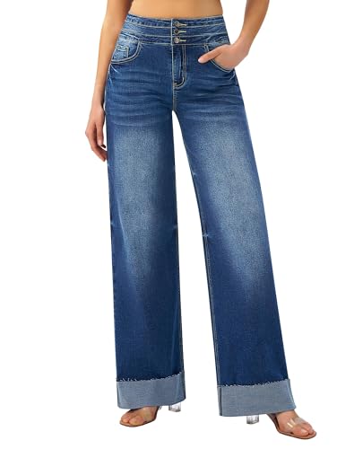 roswear Women's High Waisted Stretchy Wide Leg Jeans Cuffed Baggy Jeans Loose Denim Pants Blue Medium - Image 1