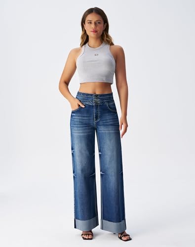 roswear Women's High Waisted Stretchy Wide Leg Jeans Cuffed Baggy Jeans Loose Denim Pants Blue Medium - Image 4