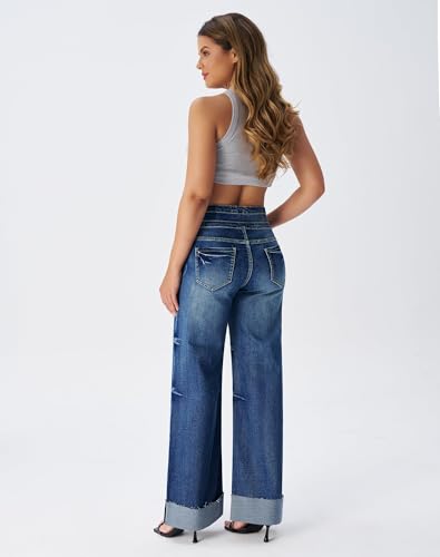 roswear Women's High Waisted Stretchy Wide Leg Jeans Cuffed Baggy Jeans Loose Denim Pants Blue Medium - Image 5