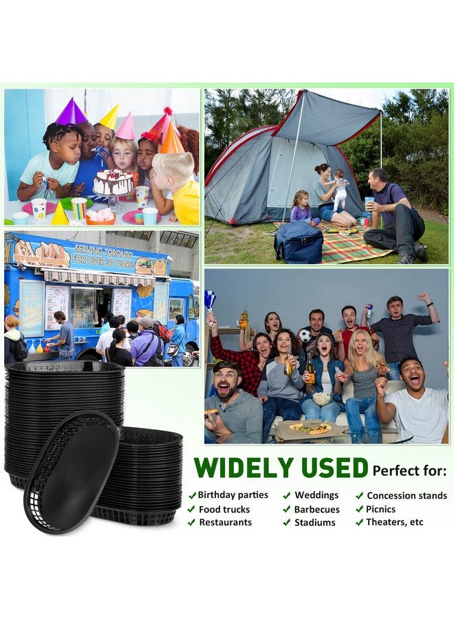 Mimorou 100 قطعة سلال تقديم الوجبات السريعة بالجملة 10.5 × 7 بوصة، سلة مطعم بلاستيكية بيضاوية سوداء، سلة رقائق قابلة لإعادة الاستخدام، سلال خبز وسندويشات لوجبات الطعام التقليدية، سلال برغر، صينية حفلات، مستلزمات دلي - Image 4