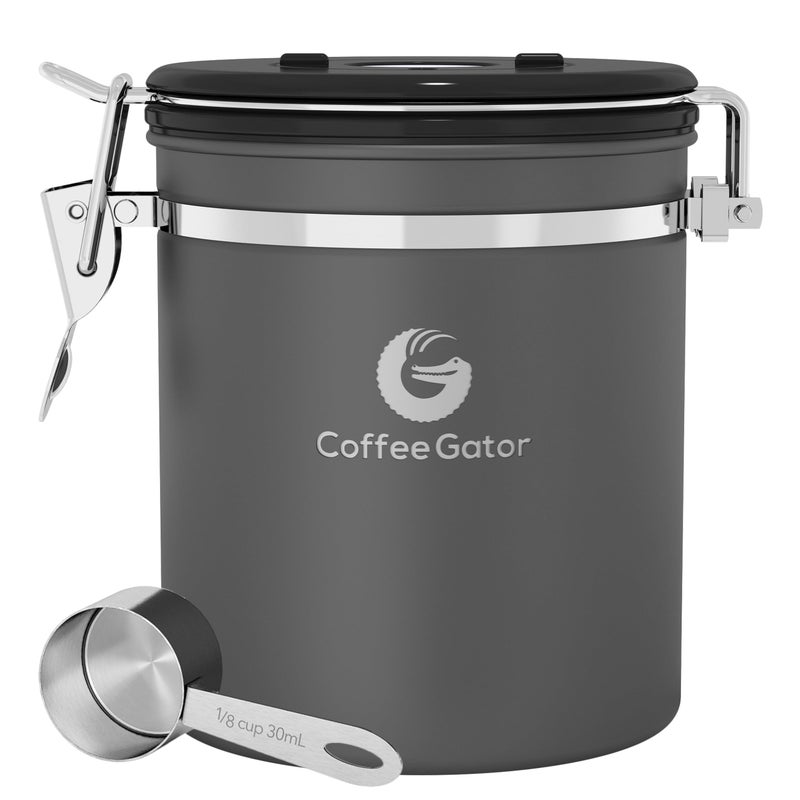 Coffee Gator Stainless Steel Canister - Medium 16oz, Gray Coffee Grounds and Beans Container with Date-Tracker, CO2-Release Valve, and Measuring Scoop - Ideal Coffee Lovers Gifts - Image 1