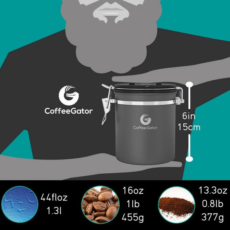 Coffee Gator Stainless Steel Canister - Medium 16oz, Gray Coffee Grounds and Beans Container with Date-Tracker, CO2-Release Valve, and Measuring Scoop - Ideal Coffee Lovers Gifts - Image 3