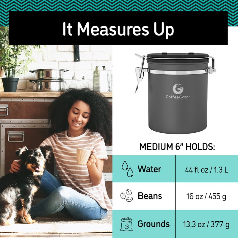 Coffee Gator Stainless Steel Canister - Medium 16oz, Gray Coffee Grounds and Beans Container with Date-Tracker, CO2-Release Valve, and Measuring Scoop - Ideal Coffee Lovers Gifts - Image 4
