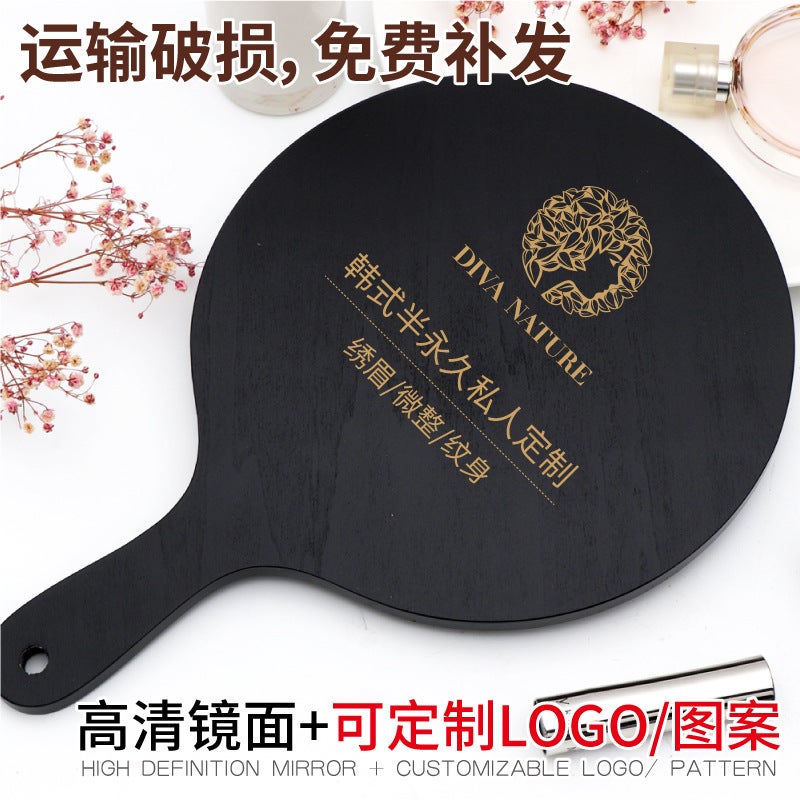 Tattoo Embroidery Beauty Salon Special Makeup Handle Mirror Handmade Large Retro Wooden Convenient Handheld Dressing Mirror - Image 3