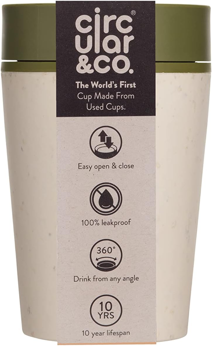 Circular and Co Leakproof Reusable Coffee Cup 8oz/227ml - The World's First Travel Mug Made from Recycled Coffee Cups, 100% Leak-Proof, Sustainable & Insulated. (Cream & Honest Green) - Image 1
