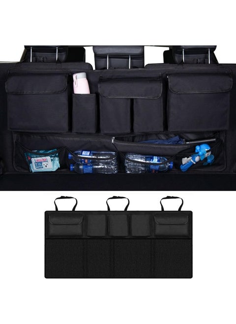 Car Trunk Back Seat Organizers, Backseat Storage Hanging Bag, Foldable Tidy Rear Seat Net for Groceries with Multi Pockets Net Mesh Pouches Adjustable Buckle Straps for SUV Truck Jeep Cargo