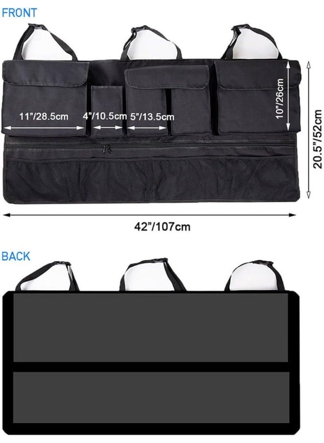 Car Trunk Back Seat Organizers, Backseat Storage Hanging Bag, Foldable Tidy Rear Seat Net for Groceries with Multi Pockets Net Mesh Pouches Adjustable Buckle Straps for SUV Truck Jeep Cargo