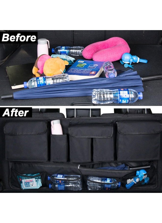 Car Trunk Back Seat Organizers, Backseat Storage Hanging Bag, Foldable Tidy Rear Seat Net for Groceries with Multi Pockets Net Mesh Pouches Adjustable Buckle Straps for SUV Truck Jeep Cargo