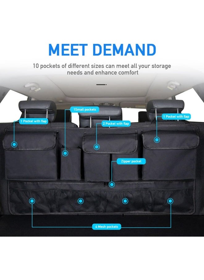 Car Trunk Back Seat Organizers, Backseat Storage Hanging Bag, Foldable Tidy Rear Seat Net for Groceries with Multi Pockets Net Mesh Pouches Adjustable Buckle Straps for SUV Truck Jeep Cargo