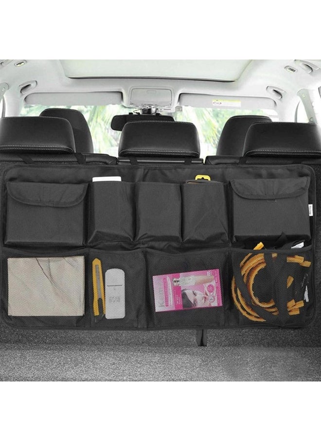 Car Trunk Back Seat Organizers, Backseat Storage Hanging Bag, Foldable Tidy Rear Seat Net for Groceries with Multi Pockets Net Mesh Pouches Adjustable Buckle Straps for SUV Truck Jeep Cargo