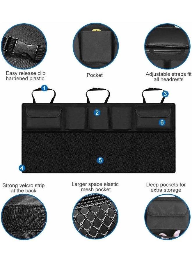 Car Trunk Back Seat Organizers, Backseat Storage Hanging Bag, Foldable Tidy Rear Seat Net for Groceries with Multi Pockets Net Mesh Pouches Adjustable Buckle Straps for SUV Truck Jeep Cargo