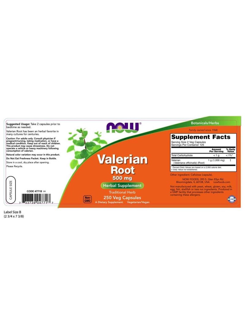 now Valerian Root Valeriana Officinalis 500 Mg Herbal Supplement 250 Veg Capsules - Image 2