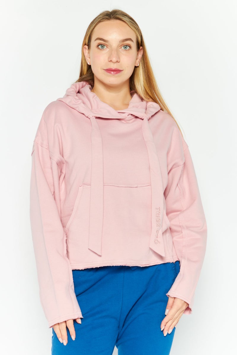 TRIBE OF 6 Women Hooded Embroidered Logo Long Sleeve Sweatshirt, Pink - Image 1