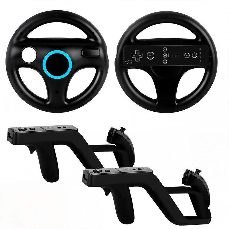 Arrocent مجموعة عجلة القيادة وبندقية الزابير متوافقة مع جهاز Wii و Wii U (عبوة من 2، باللون الأسود) - Image 1