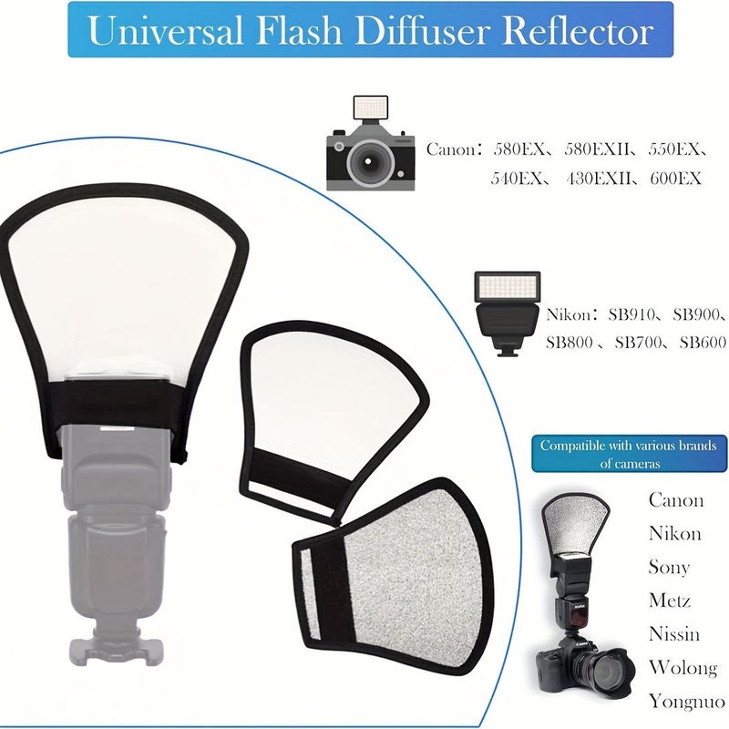 White Double Sided Flash Diffuser Reflector Kit with Elastic Band for All Flashes - Image 2