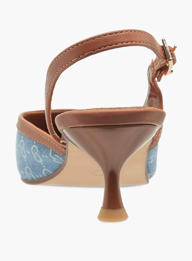 Celeste Women's Monogram Print Shoes with Buckle Closure and Kitten Heels