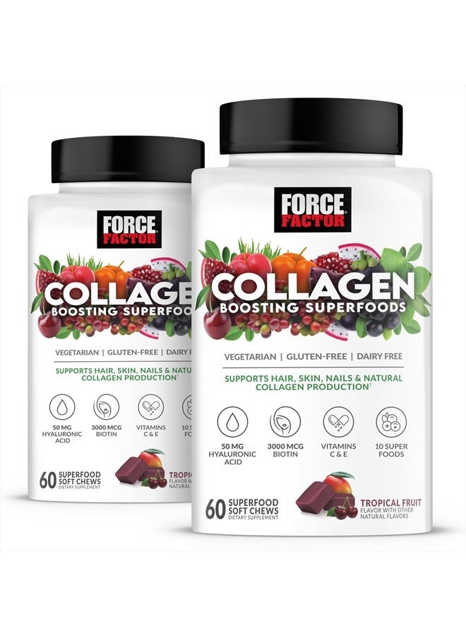 Force Factor Collagen Boosting Superfoods with Biotin, Hyaluronic Acid, Bamboo, and Hair, Skin, and Nails Vitamins, Nail and Skin Supplement, Tropical Fruit Flavor, 120 Soft Chews - 2 Pack - Image 1