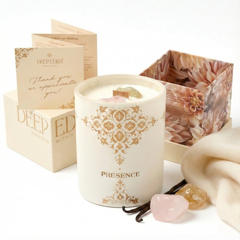 Deep Eden Healing Crystal Candle Gift for Women - Vanilla Cashmere Luxury Soy Candle with Crystals - Rose Quartz & Citrine - Gift-Ready Aromatherapy Candle for Stress Relief, Meditation & Manifestation - Image 1