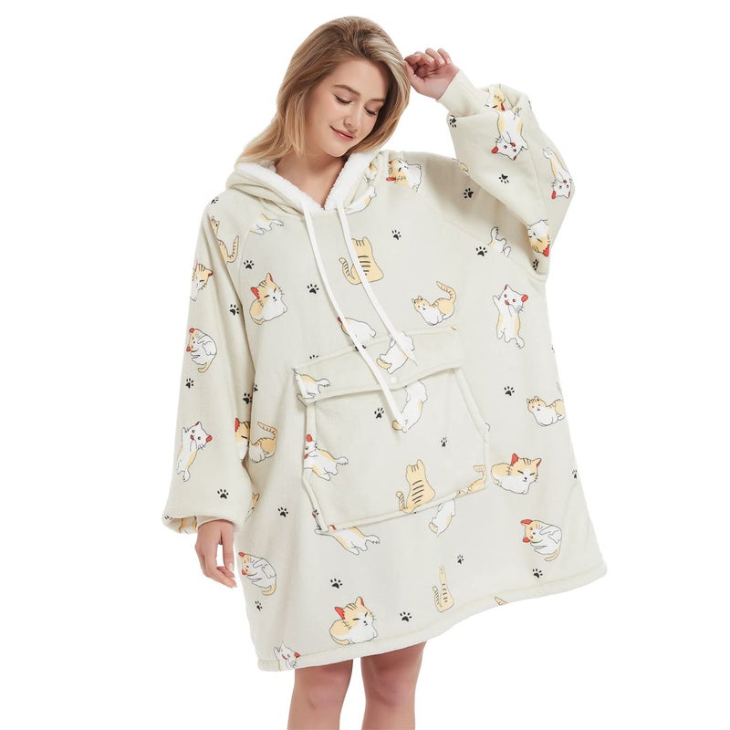 Qeils Oversized Wearable Blanket Hoodie  Comfy Sherpa Sweatshirt Pullover JacketGifts for Adults Mom Wife Girlfriend Men Large Pocket Cat02 Adult