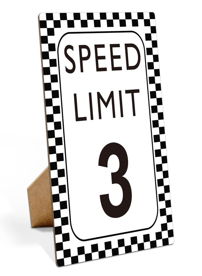 Muruseni Race Car Birthday Decor, Speed Limit 3 Sign, Fast One, Race Car Birthday Party Decorations, 8×11 Wooden Play Sign with Stand, Let's Go Racing Party Supplies for Boy Race Fans - SL3 - Image 1