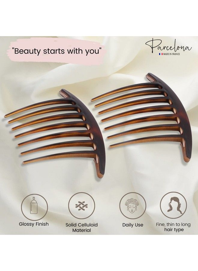 Parcelona French Basic 7 Teeth Tortoise Shell Matte Large 4” Celluloid Set Of 2 Side Hair Combs For Women And Girls - Image 3
