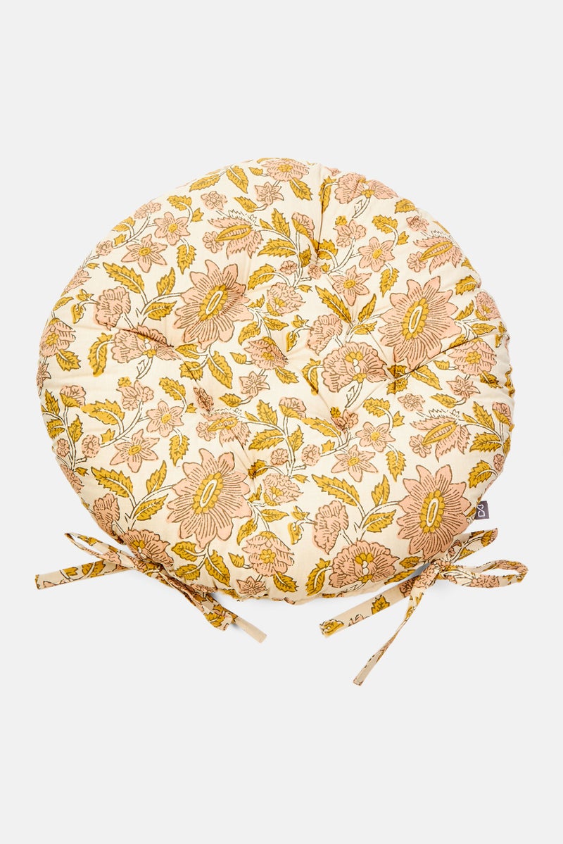 Muy Mucho Round Shape Floral Print Chair Cushion, Off White Combo  - Image 1