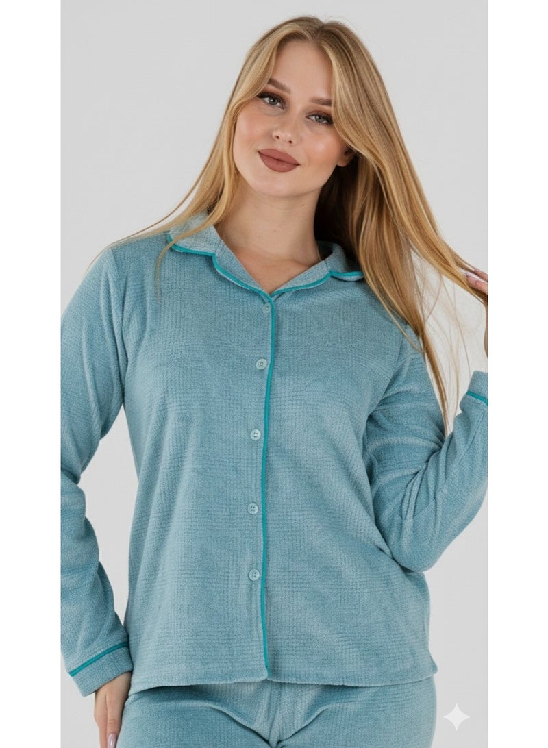 زيكوتكس  طقم بيجامة قطيفة نسائي قطعتين بياقة وأزرار أمامية - لون تركواز (Turquoise) - مخمل شتوي ناعم ودافئ - Image 2