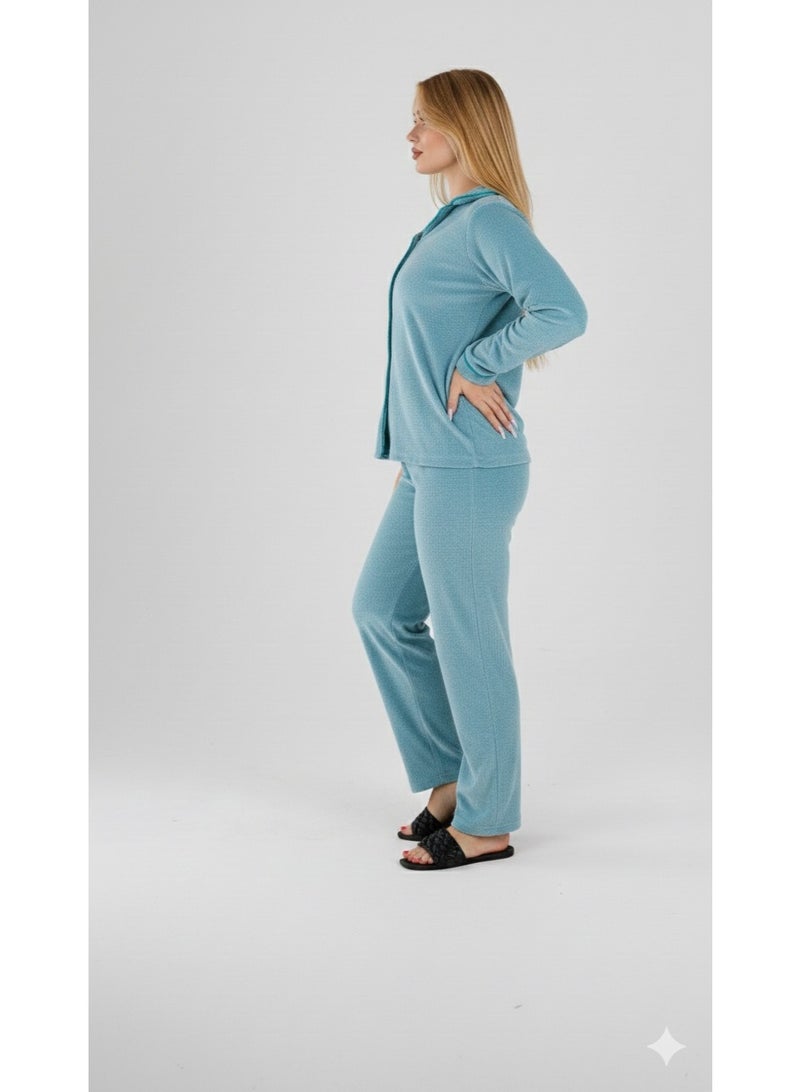 زيكوتكس  طقم بيجامة قطيفة نسائي قطعتين بياقة وأزرار أمامية - لون تركواز (Turquoise) - مخمل شتوي ناعم ودافئ - Image 4