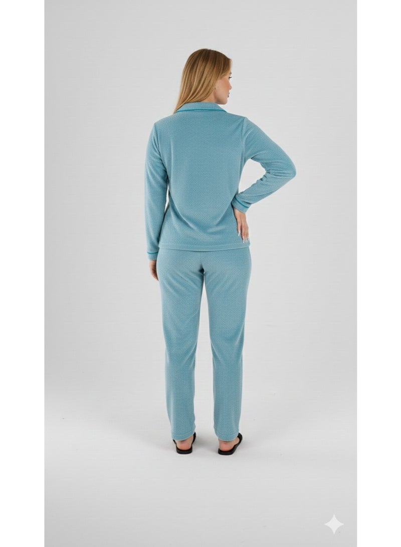 زيكوتكس  طقم بيجامة قطيفة نسائي قطعتين بياقة وأزرار أمامية - لون تركواز (Turquoise) - مخمل شتوي ناعم ودافئ - Image 3
