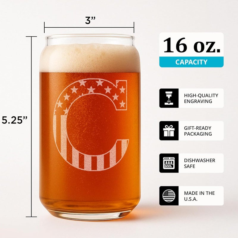 On The Rox Monogram Beer Glasses for Men (A-Z) 16 oz - Beer Gifts for Men Brother Son Dad Neighbor - Unique Gifts for Him - Personalized Drinking Gift Beer Glass Mugs - Engraved Beer Can Glass (C) - Image 2