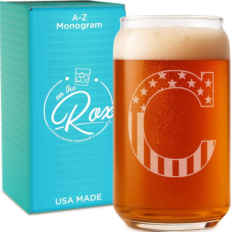 On The Rox Monogram Beer Glasses for Men (A-Z) 16 oz - Beer Gifts for Men Brother Son Dad Neighbor - Unique Gifts for Him - Personalized Drinking Gift Beer Glass Mugs - Engraved Beer Can Glass (C) - Image 1