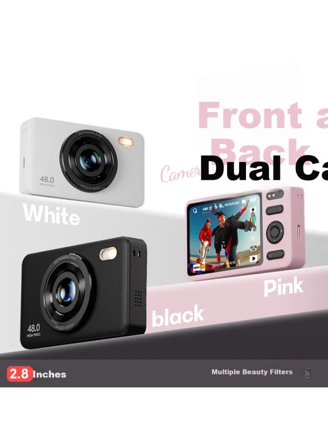 Benjie Digital Camera Ccd Student Point-and Camera With Image Stabilization, Coms High-definition Mini Entry-level Camera With Quick Direct Transfer, Front And Rear Dual Cameras, 2.8-inch Ips Screen, 64gb Pink - Image 1