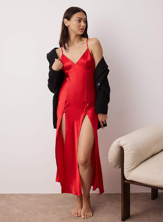 trendyol Red Slit and Button Detail Strap Satin Woven Nightgown - Image 1