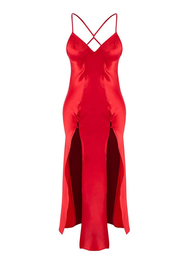 trendyol Red Slit and Button Detail Strap Satin Woven Nightgown - Image 5