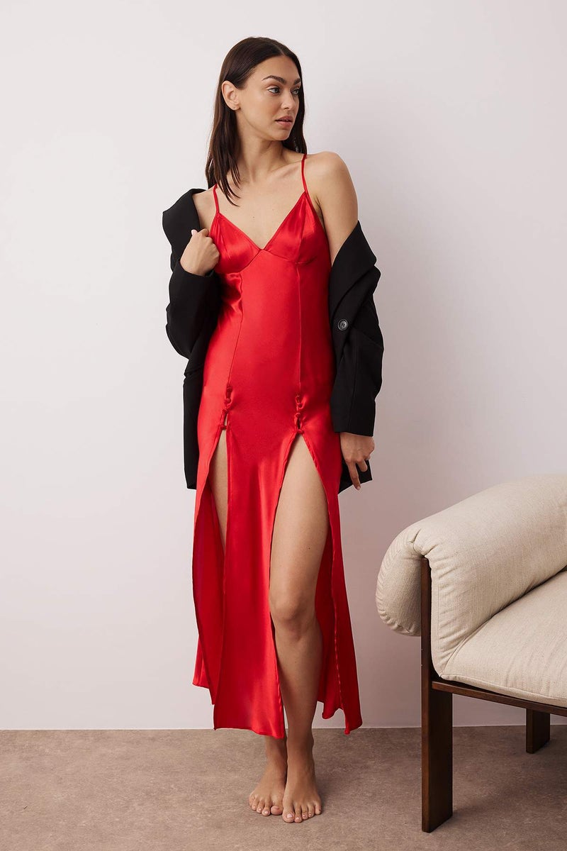 trendyol Red Slit and Button Detail Strap Satin Woven Nightgown - Image 3