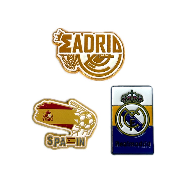 3 pieces of Metal stickers - MADRID Text logo and Real Madrid logo and Spain National Team logo - Premium Quality Metal for Mobile, Laptop, Backpacks and more. - Image 1