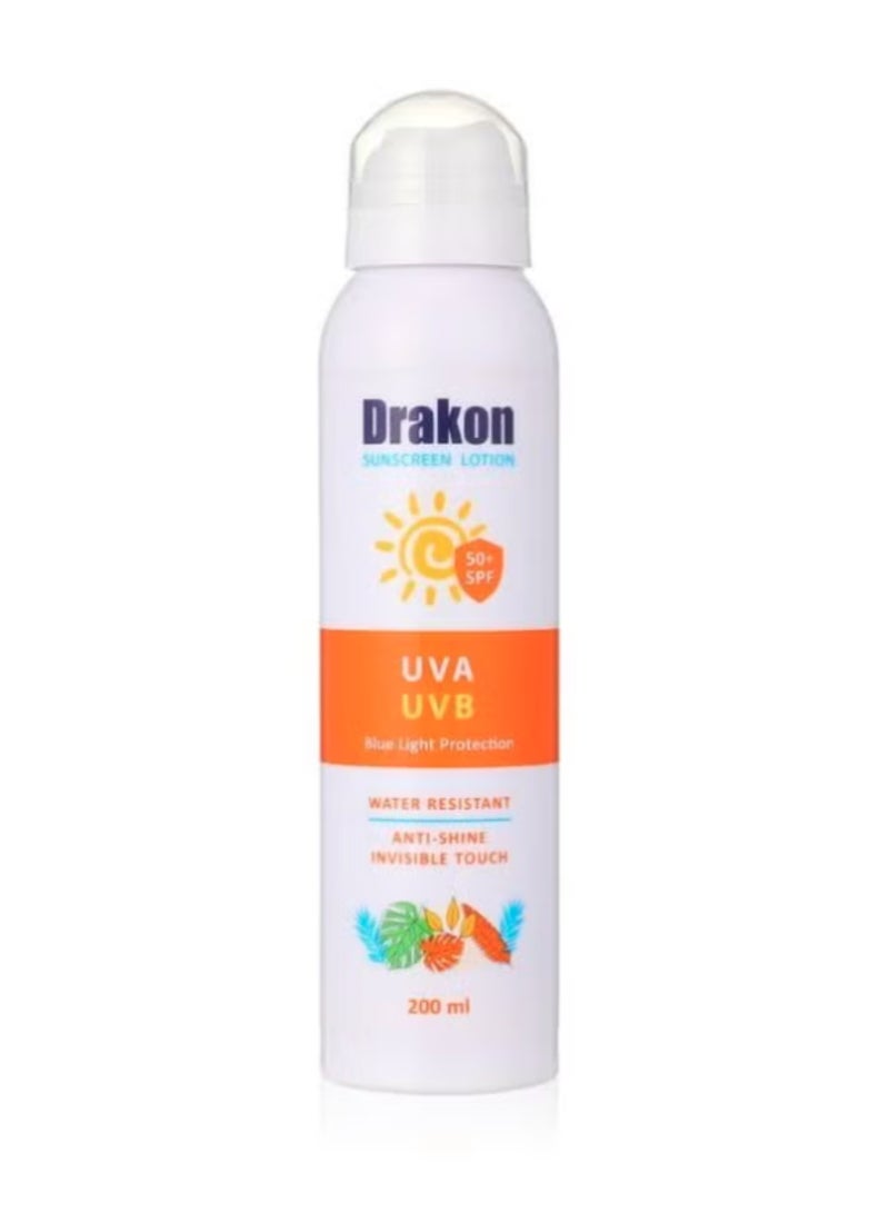 لوشن دراكون الواقي من الشمس بلمسة جافة SPF 50+، حماية من الأشعة فوق البنفسجية UVA وUVB والضوء الأزرق، مقاوم للماء ومضاد للأكسدة لجميع أنواع البشرة، وخاصة البشرة الدهنية والمختلطة - 200 مل