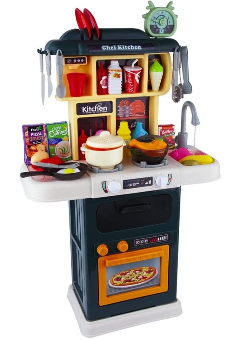 Toon Toyz 64 Pcs Kids Kitchen Play Set with Realistic Cooking Sounds, Spraying & Run Water Function | Pretend Chef Role Play Kitchen Set for Kids | Storage & Accessories | Gift for Boys & Girls Age 3+ (Green) - Image 3