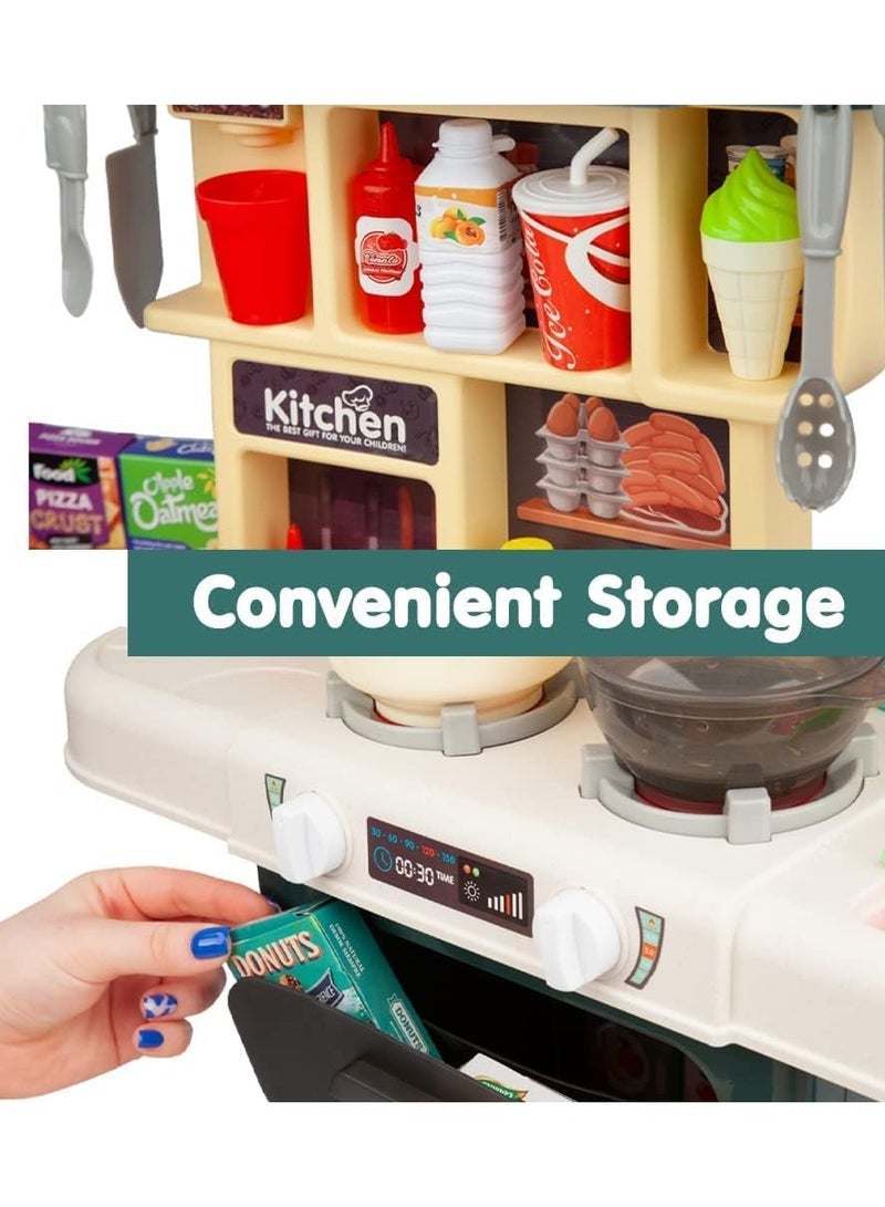 Toon Toyz 64 Pcs Kids Kitchen Play Set with Realistic Cooking Sounds, Spraying & Run Water Function | Pretend Chef Role Play Kitchen Set for Kids | Storage & Accessories | Gift for Boys & Girls Age 3+ (Green) - Image 5