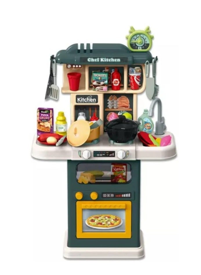 Toon Toyz 64 Pcs Kids Kitchen Play Set with Realistic Cooking Sounds, Spraying & Run Water Function | Pretend Chef Role Play Kitchen Set for Kids | Storage & Accessories | Gift for Boys & Girls Age 3+ (Green) - Image 1